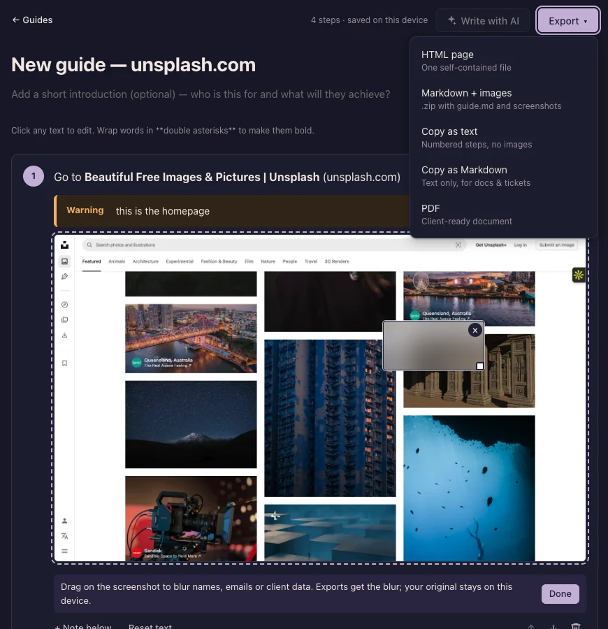 The Guidemint editor showing a step with a warning callout, a blur box over part of the screenshot, and the Export menu with HTML, Markdown, copy and PDF options.